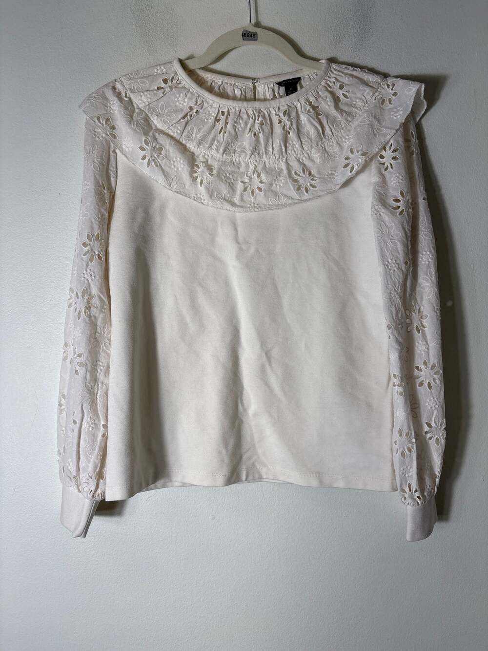 Ann Taylor Cream White Mixed Media Long Sleeve Eyelet Top Sz XS